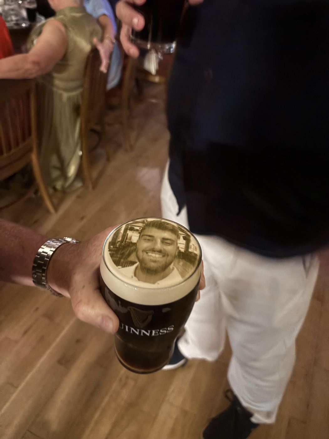 Wedding guest selfie printed on the head of a pint of Guinness