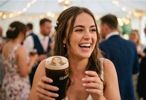 A wedding guest's selfie printed on the foam head of a pint of Guinness