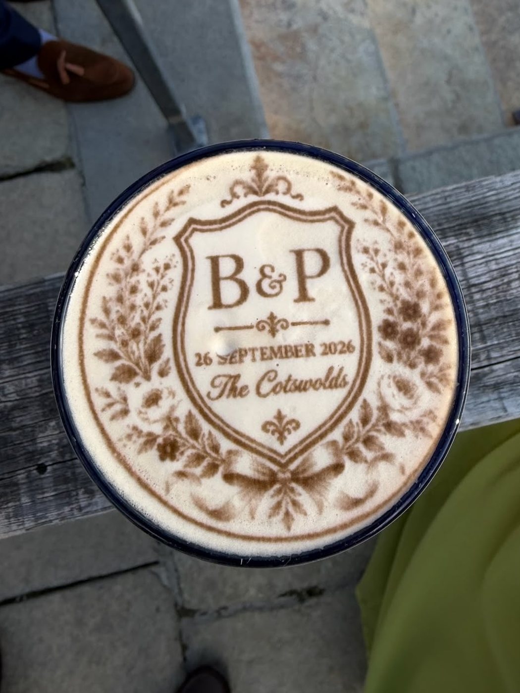 Wedding crest with the couple's initials, date and The Cotswolds printed on drink foam