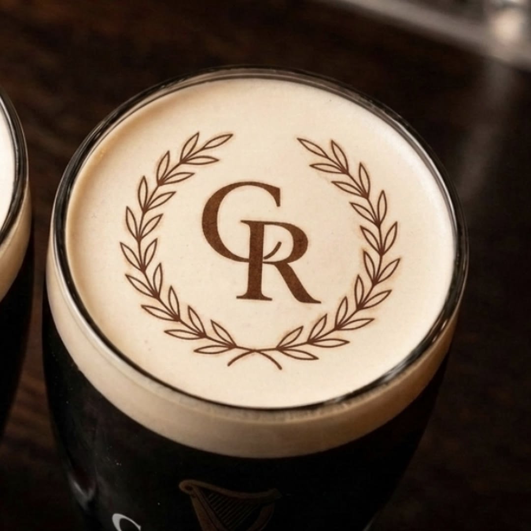 Laurel wreath wedding monogram printed on the foam of a pint of Guinness
