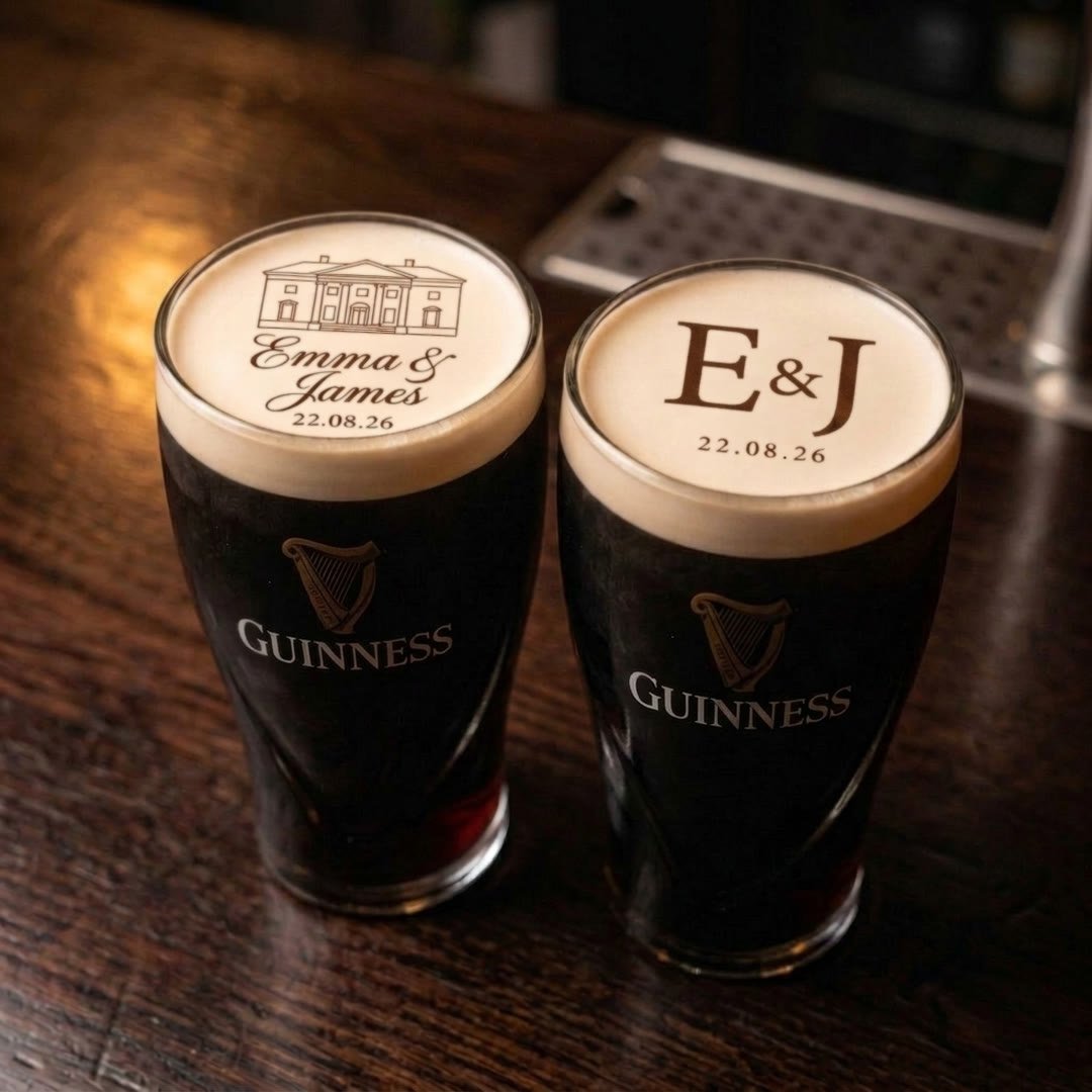 Wedding venue illustration with the couple's names and date printed on two pints of Guinness