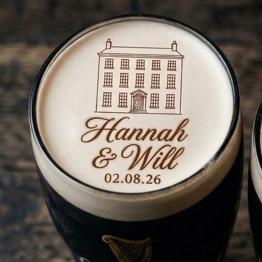 Venue sketch with couple's names and wedding date printed on Guinness foam